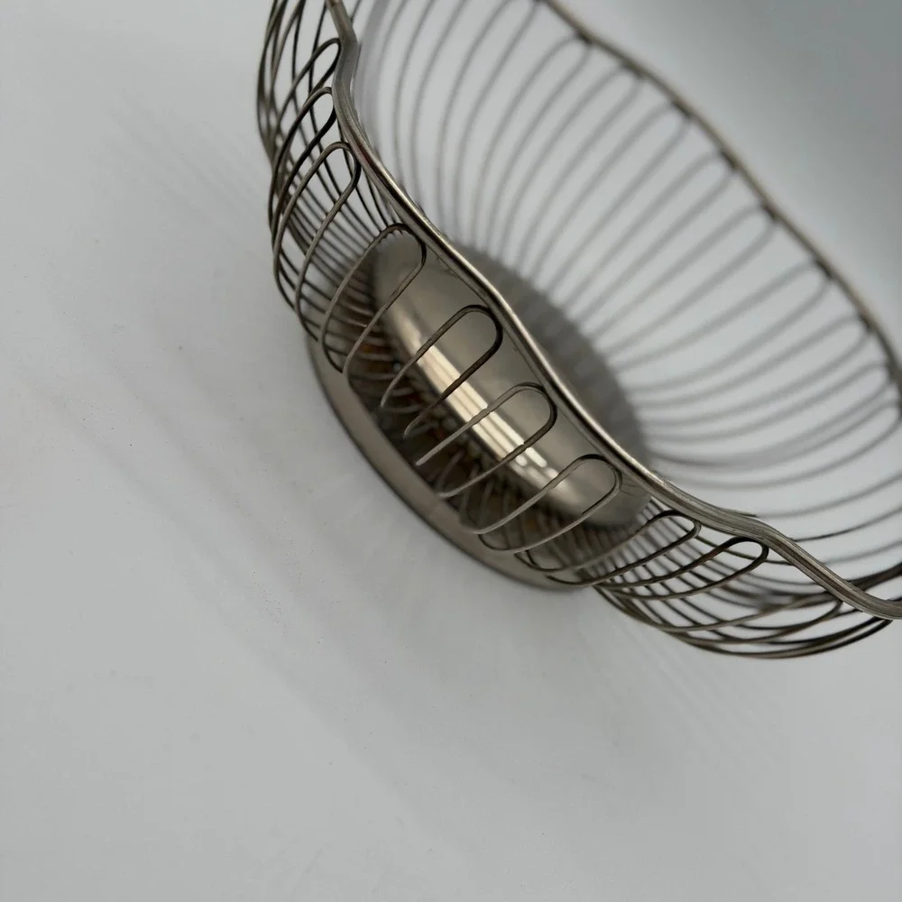 Vintage Silver Tone Wire Fruit Basket Scalloped Rim Mid Century Modern Style